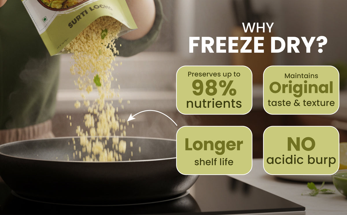Freeze-dried product being poured into a pan with text highlighting benefits