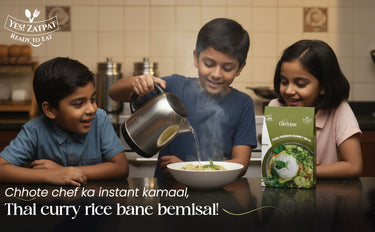 Three children in a kitchen setting with a box of Thai green curry rice mix.