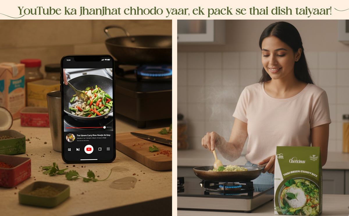 Person cooking with a smartphone showing a recipe, next to a woman cooking in a kitchen with a package of food.