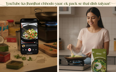 Person cooking with a smartphone showing a recipe, next to a woman cooking in a kitchen with a package of food.