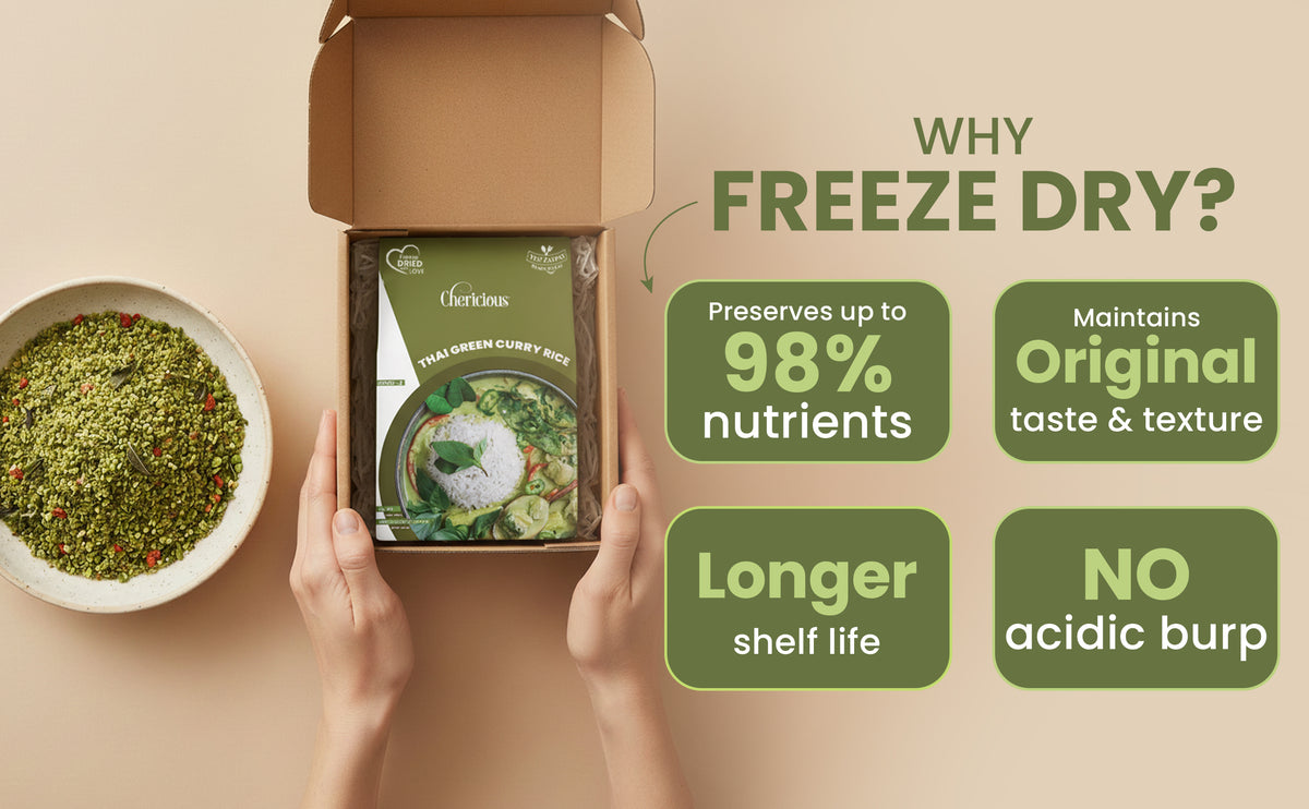 Open box of freeze-dried food with a bowl of green powder, highlighting benefits on a beige background.