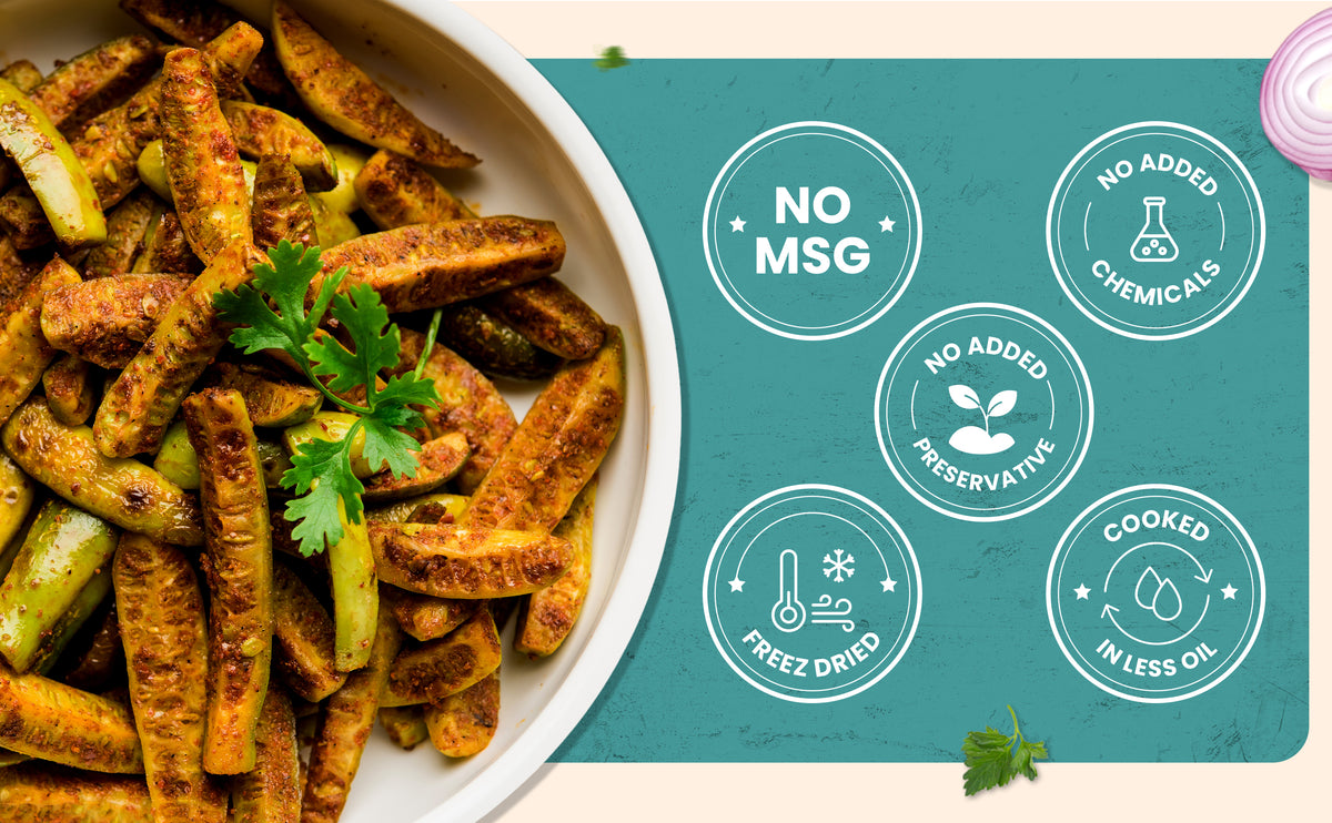 Vegetable sticks on a plate with health benefits icons on a teal background
