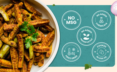 Vegetable sticks on a plate with health benefits icons on a teal background