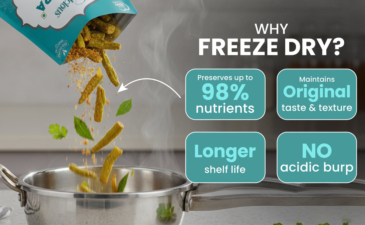 Freeze-dried food being added to a pot with text highlighting benefits of freeze drying.