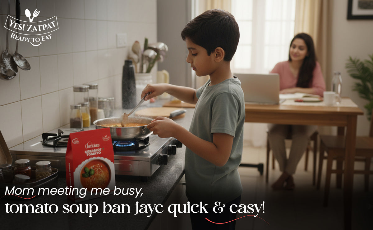 Child cooking tomato soup in a kitchen with a mother at a table in the background.