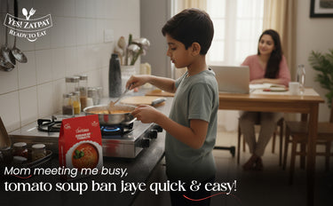 Child cooking tomato soup in a kitchen with a mother at a table in the background.
