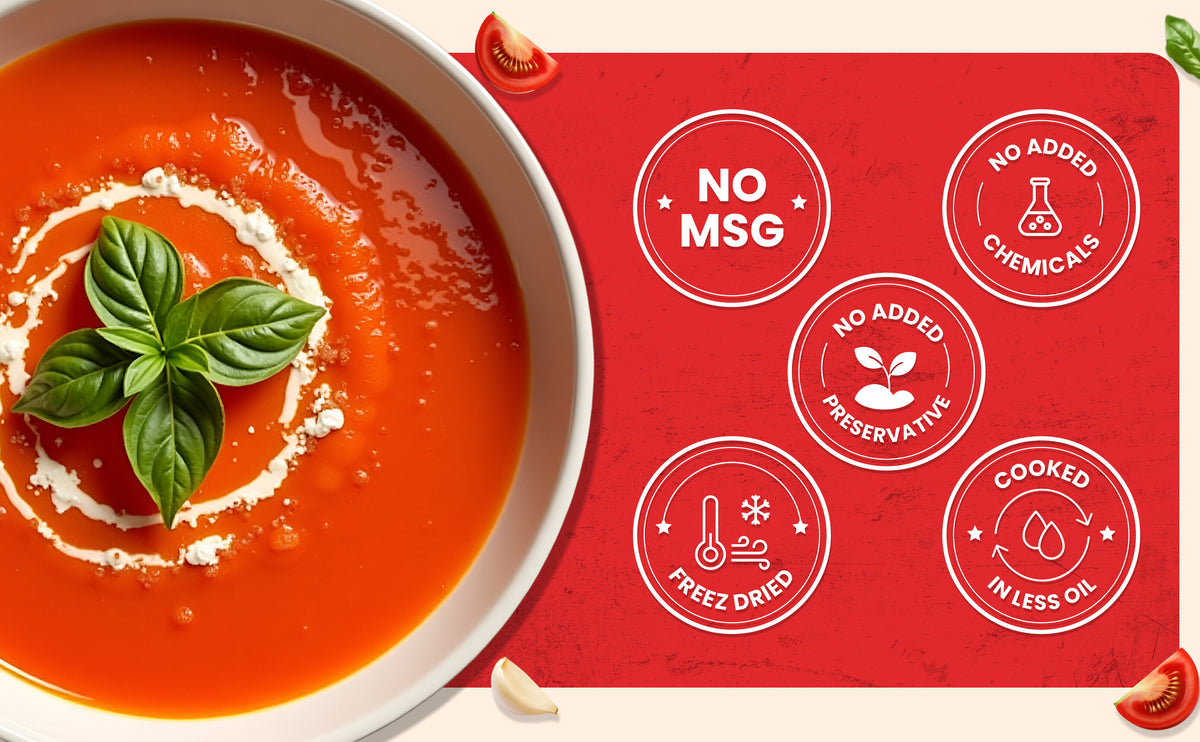 Tomato soup with basil leaves on a red background with health claims