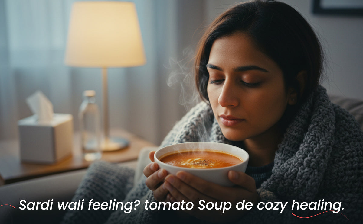 Woman holding a bowl of tomato soup in a cozy indoor setting with text overlay.