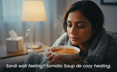 Woman holding a bowl of tomato soup in a cozy indoor setting with text overlay.