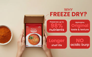 Freeze-dried soup package with benefits highlighted on a beige background