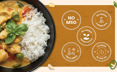 Curry dish with rice on a black plate, featuring health benefits text on a brown background.