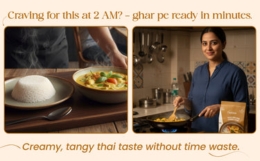Woman cooking in a kitchen with food and packaging, text about quick meal preparation.
