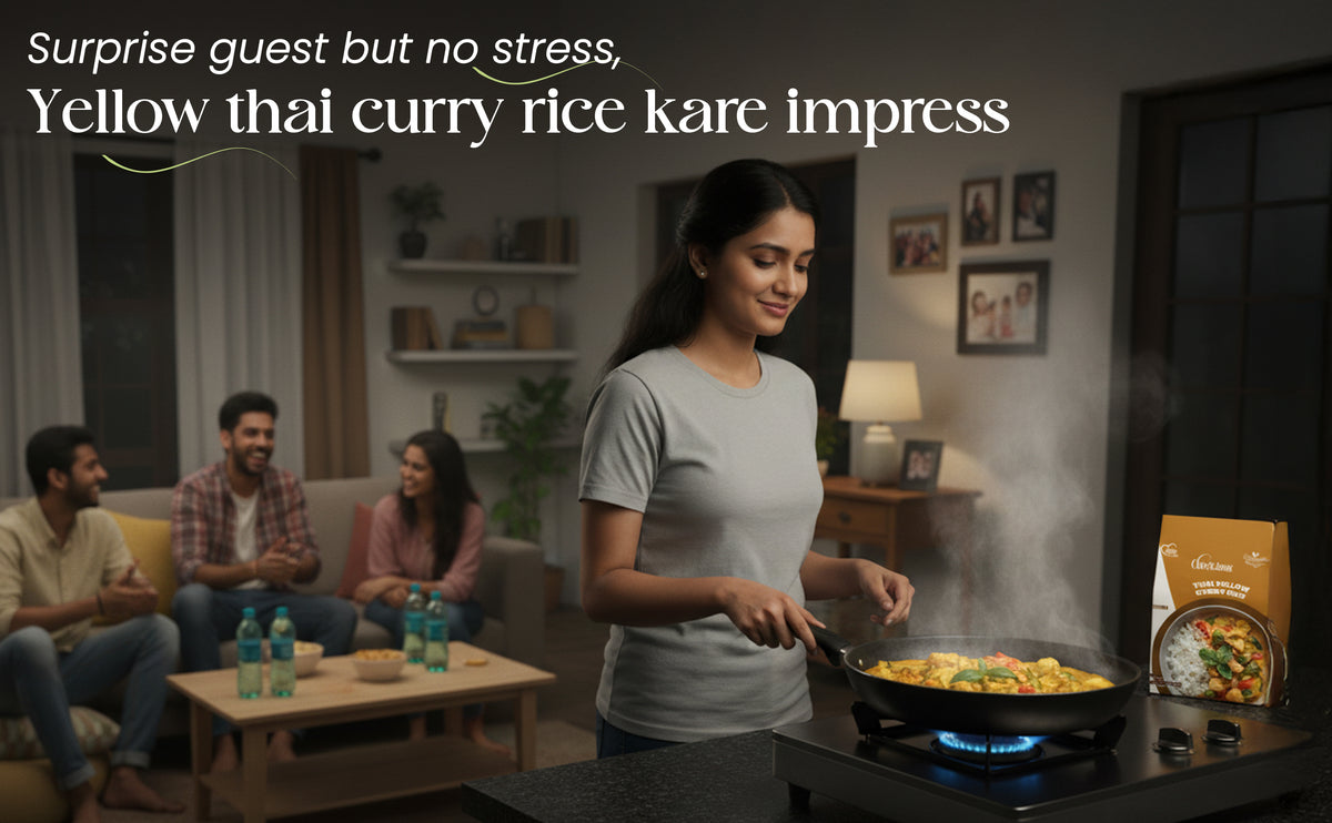 Woman cooking yellow Thai curry rice in a pan with friends watching in a living room.