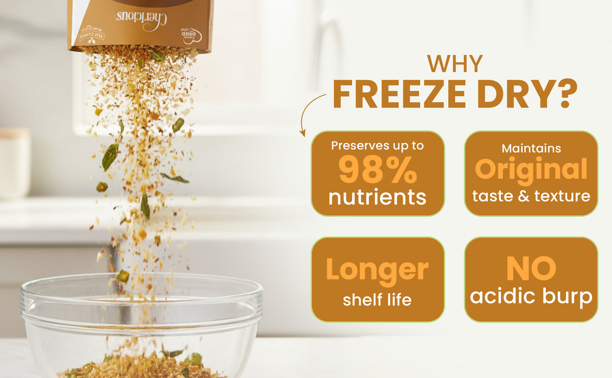 Freeze-dried food product being poured into a bowl with text highlighting benefits on a white background.