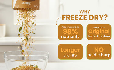 Freeze-dried food product being poured into a bowl with text highlighting benefits on a white background.