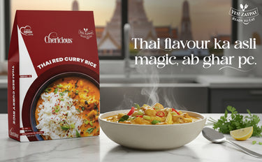Box of Thai Red Curry Rice with a bowl of food on a kitchen counter, featuring text about Thai flavor.