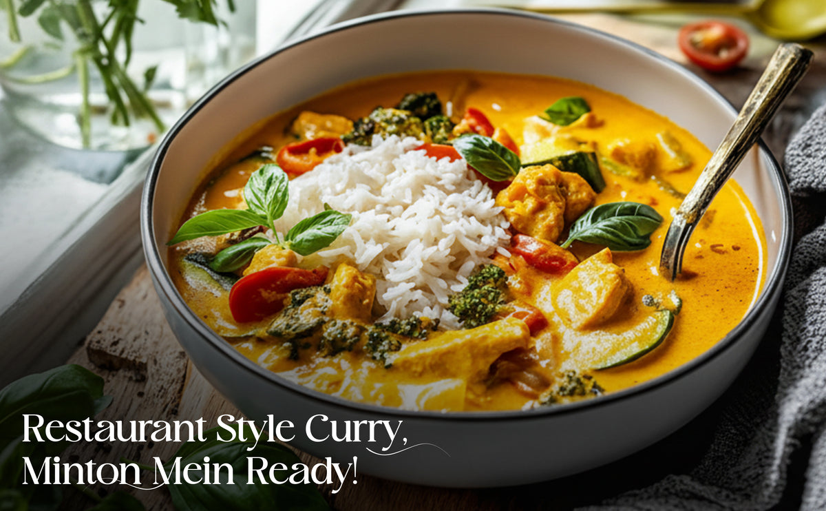 Bowl of curry with rice and vegetables on a table with text 'Restaurant Style Curry, Minton Mein Ready!'.