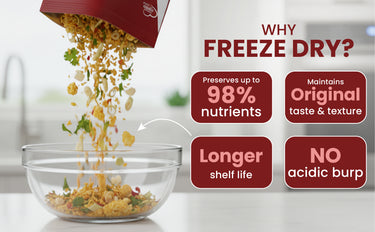Freeze dryer dispensing food into a bowl with freeze drying benefits displayed.