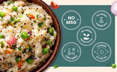 Bowl of food with green peas and other vegetables on a teal background with health benefits text.