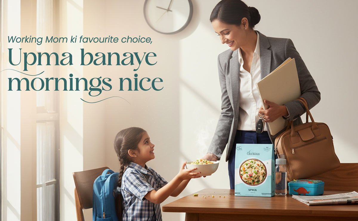 Woman with a child at a table with a bowl of cereal and a box of Upma, with text about working moms and Upma.