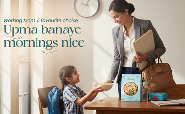 Woman with a child at a table with a bowl of cereal and a box of Upma, with text about working moms and Upma.
