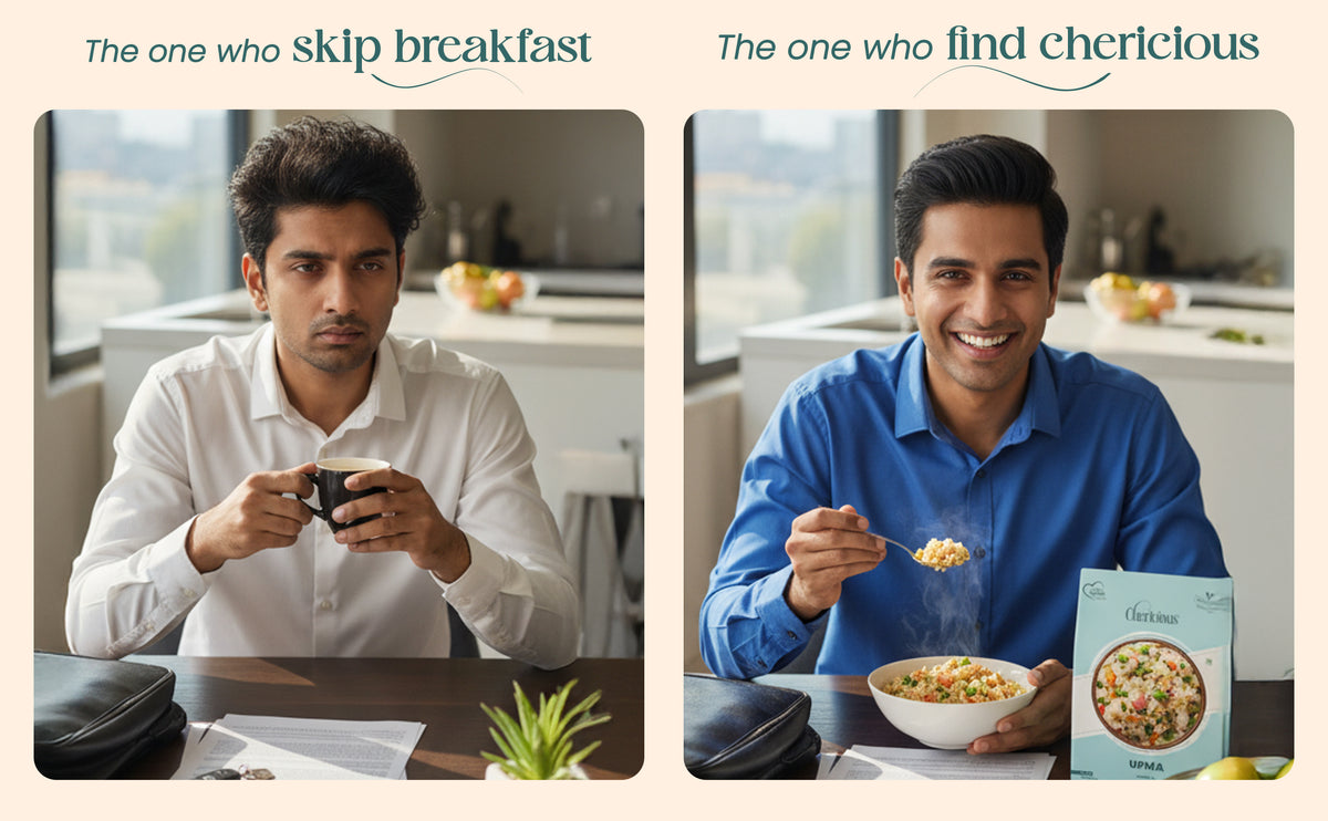 Two men in a kitchen setting, one with a coffee mug and the other with a bowl of cereal, with text above them.