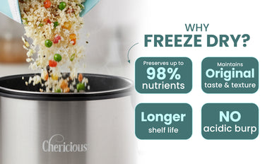 Freeze dryer with food being added, featuring benefits of freeze drying on a white background.