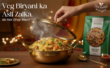 Veg Biryani being served with a hand, Zatarain's packaging in the background
