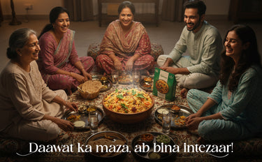 Family gathered around a table for a meal with a bowl of biryani and a box of Pringles.
