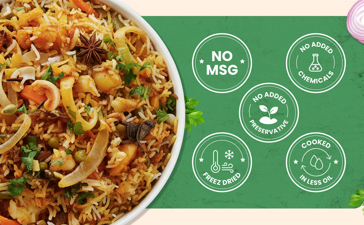  bowl of food with green label indicating no MSG and other health benefits