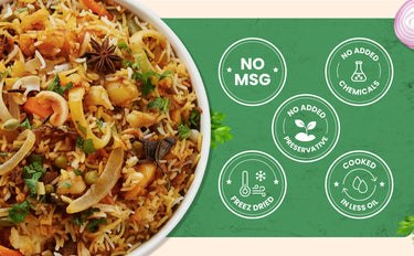  bowl of food with green label indicating no MSG and other health benefits
