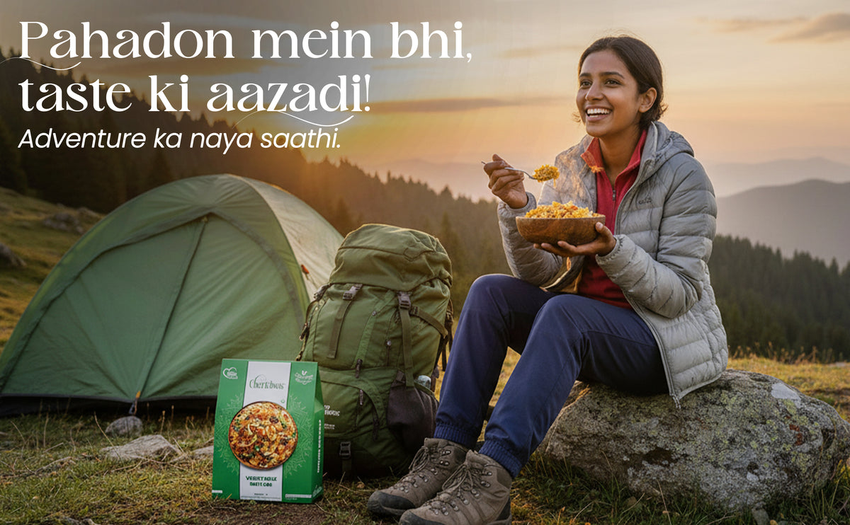 Person enjoying a meal outdoors with camping gear and text overlay