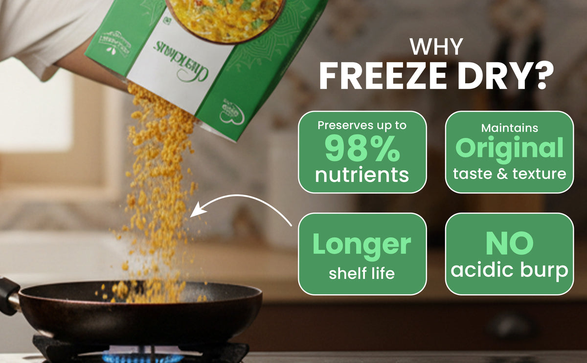 Freeze-dried food being poured into a pan with benefits listed on a green box.