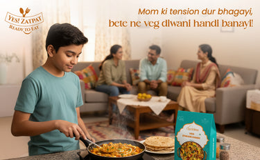 Family in a living room with a child cooking food, featuring Yes Zaapay branding.