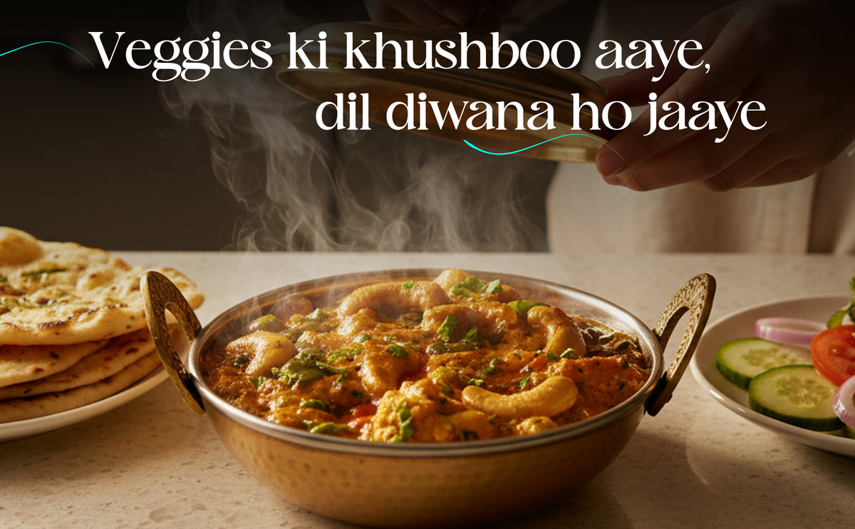 Steaming dish of food on a table with text overlay