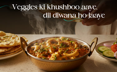 Steaming dish of food on a table with text overlay