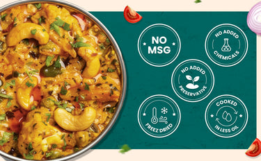 Dish with cashews and herbs on a green label with health benefits text