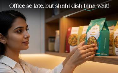 Woman selecting a packet of food from a shelf with text above her.