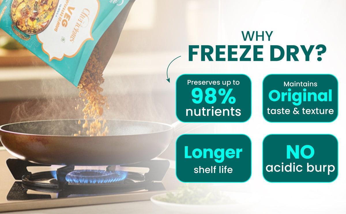 Freeze-dried food being poured into a pan with text highlighting benefits on a kitchen background.