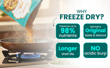 Freeze-dried food being poured into a pan with text highlighting benefits on a kitchen background.