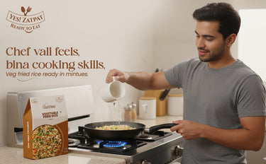 Man cooking on a stove with Zatpat ready-to-eat product packaging in the foreground