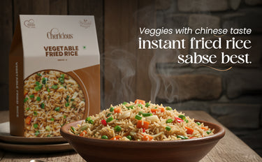 Bowl of vegetable fried rice with a box labeled 'Vegetable Fried Rice' on a wooden table.