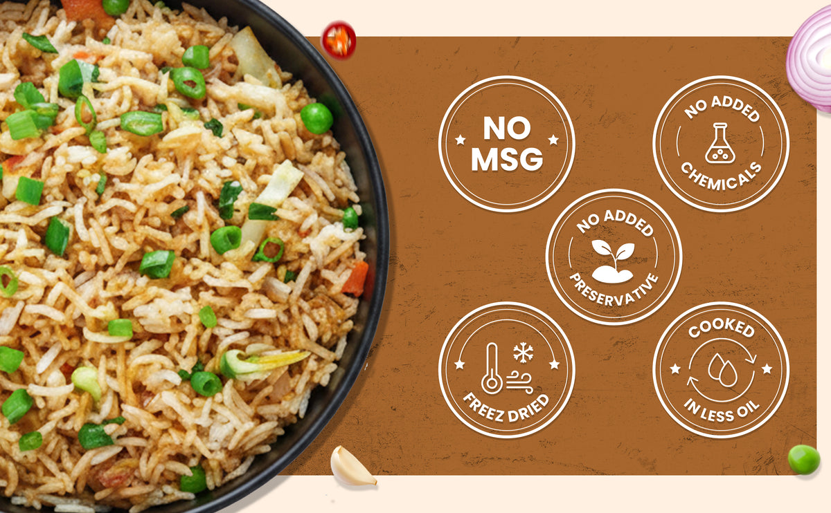 Fried rice with green onions on a brown background with health claims