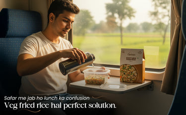 Man on a train with a meal and a bottle, with text overlay.