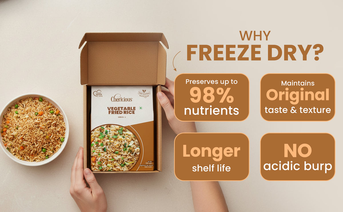 Frozen vegetable medley packaging with text highlighting freeze-drying benefits on a beige background