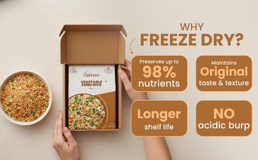Frozen vegetable medley packaging with text highlighting freeze-drying benefits on a beige background