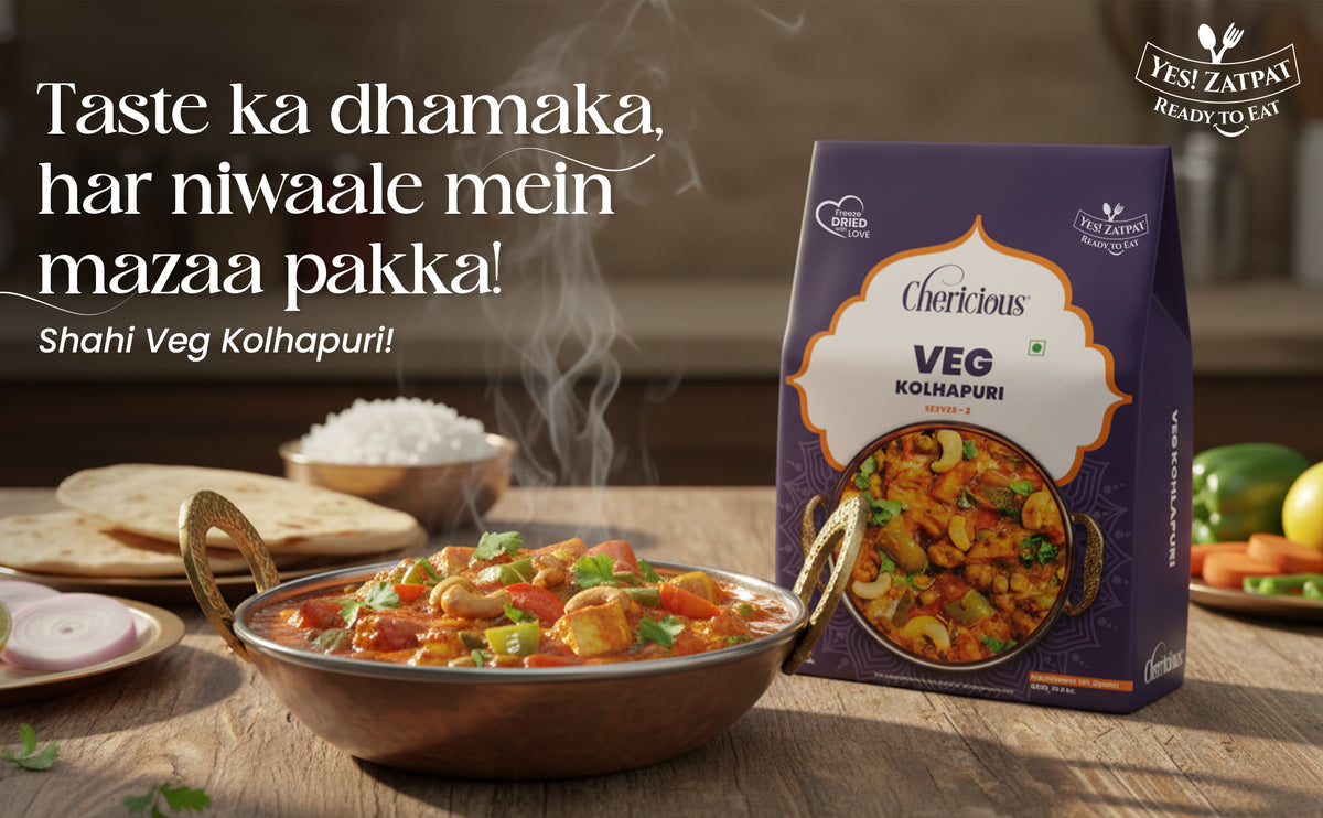Shahi Veg Kolhapuri dish with a Cherrificus branded packaging on a wooden table.
