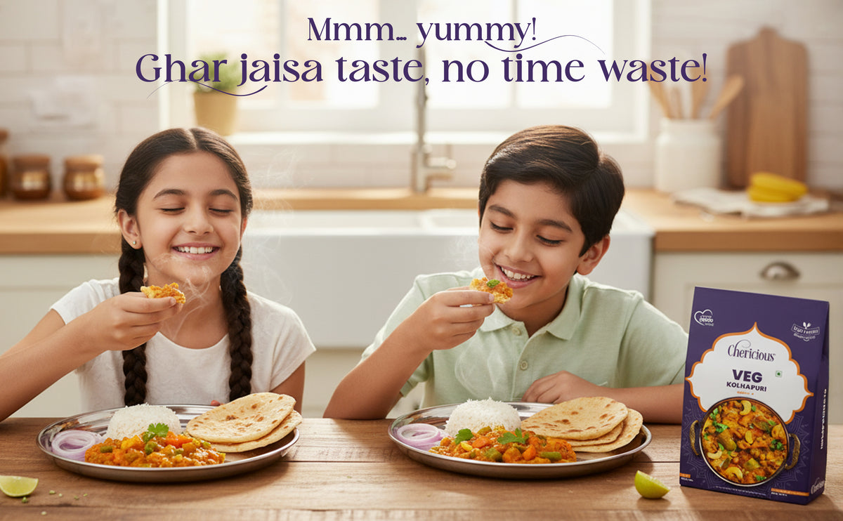 Two children eating food from plates with a box of Curd Fresh Veg in a kitchen setting.