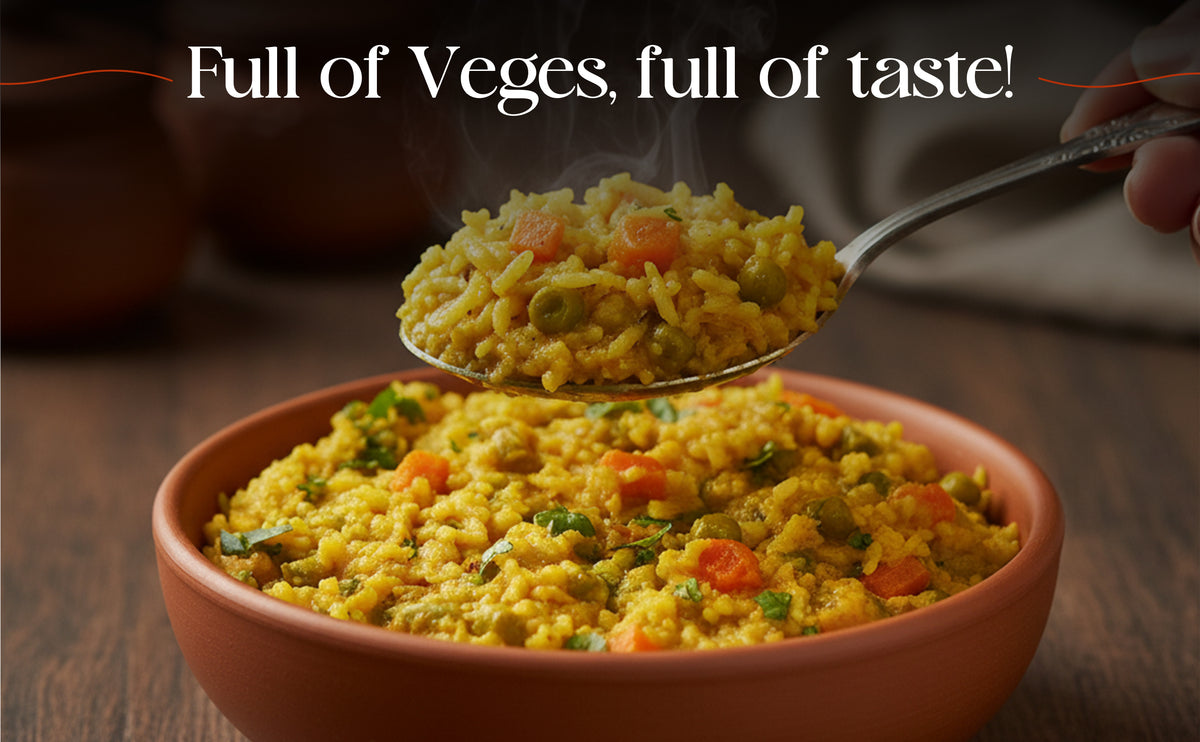 Spoonful of yellow rice dish with vegetables over a bowl on a wooden surface, text 'Full of Veges, full of taste!'.
