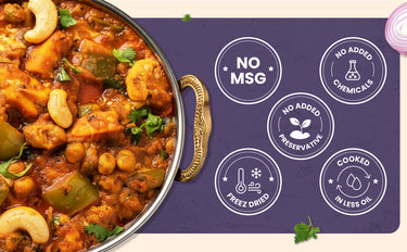 Casserole dish with vegetables and cashews on a purple background with health claims.